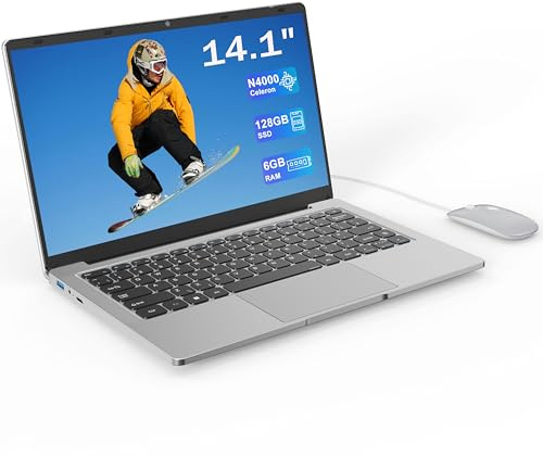 Ordenador portátil 14 pulgadas Dual-Core hasta 2,6 GHz • 6 GB RAM • 128 GB SSD • UHD portatil • WiFi 5G • Mini-HDMI • Teclado membrana • Diseño sin ventilador • Color plateado • Ratón incluido