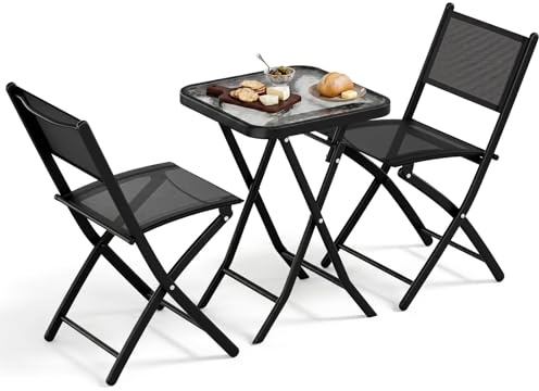 LIFERUN Set da Bistrot 3 Pezzi, Set Mobili Pieghevoli Include 1 Tavolo e 2 Sedie, Resistente alle Intemperie e Traspirante, per Piccoli Balconi e Giardini, Nero