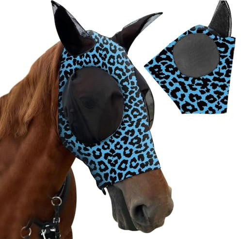 SDFWGG Máscara Antimoscas para Caballos Estampado Leopardo de Mosca Caballo con Orejeras de Caballo Orejeras Máscara Antimoscas con Protección Auditiva