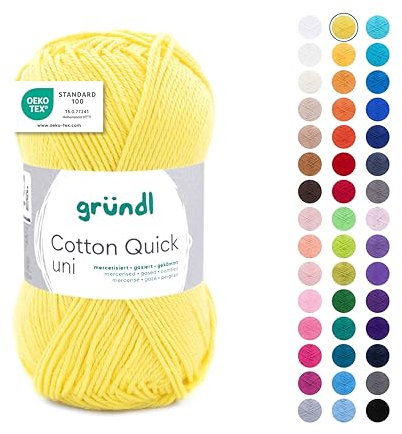 Gründl Wolle Cotton Quick uni - dünne Wolle zum Häkeln - Strickgarn - Häkelgarn - Glänzend und hautfreundlich - 100 % Baumwolle - 1 Knäuel 50 g / 125 m - Nadelstärke 3 - 4 - Gelb