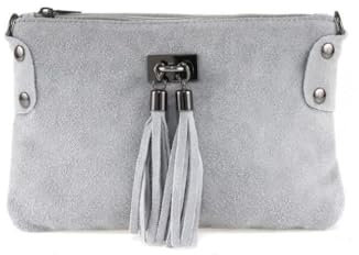 Made in Italy Damen Leder Clutch Tasche Messenger Bag Henkeltasche Wildleder Handtasche Umhängetasche Ledertasche Schultertasche Beuteltasche Fransen Cross-Over HellGrau