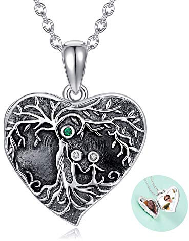LONAGO Argent Sterling 925 Personnalisé Photo Médaillon Qui Tient des Photos en Forme de Coeur Médaillon Collier Bijoux pour Mère Femmes (Arbre de Vie 1-Médaillon+Photo)