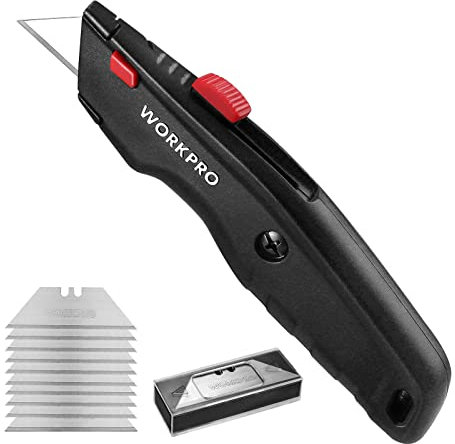 WORKPRO Premium Teppichmesser, Einziehbarer Universalmesser aus Vollmetall, Strapazierfähiger Cuttermesser mit Schnellwechselklinge, mit 10 zusätzlichen Klingen, Schwarz