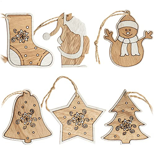 COM-FOUR® 6X Set de Colgantes de Madera para el árbol de Navidad - Adornos para el árbol de Navidad para Decorar - Adornos para el árbol de Navidad en 6 diseños navideños
