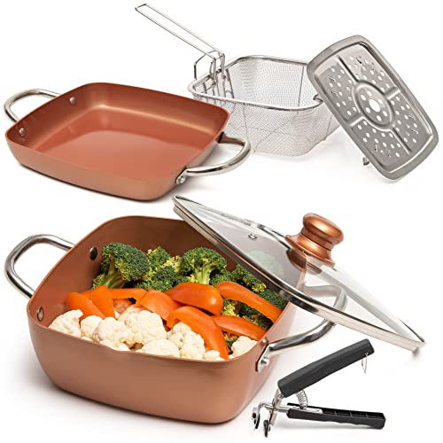 Moss & Stone 6 Pcs Copper Chef Cookware Non Stick Deep Frying Pan 9.5 x 3.5, Fry Basket, Steamer Rack, Dishwasher & Oven Safe, 5 Qt Deep Square Pot & Non Stick Pan, Induction Copper Cookware Set