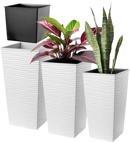 KADAX - Set di vasi da fiori con inserto, in plastica, resistenti alle intemperie, per ambienti interni ed esterni, vaso da fiori resistente alle intemperie (set da 3 pezzi, bianco, XL)