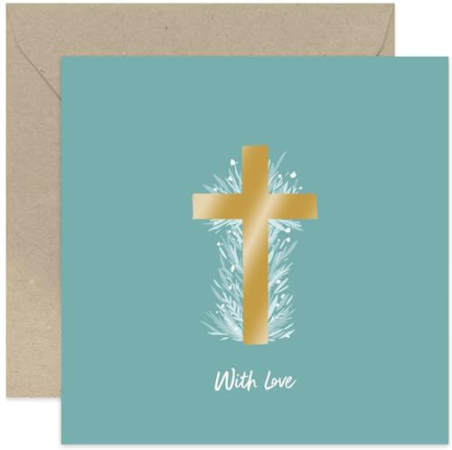 Old English Co. Cross With Love Card for Child or Adult - Gold Cross Brushstrokes Floral Design for Easter, Christening Day, Baptism, Dedication Day - Religious Faith Card | Blank Inside Envelope