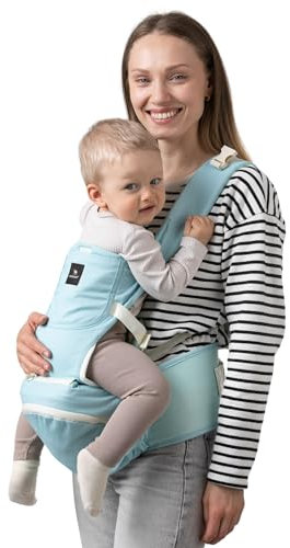 DROMADER Babytrage – 9-in-1 Ergonomische Babybauchtrage aus 100% Baumwolle – Für Babys von 4-36 Monaten – Hüftsitz, Sicherheitsschnallen & Seitentasche – 9 Tragepositionen – Blau