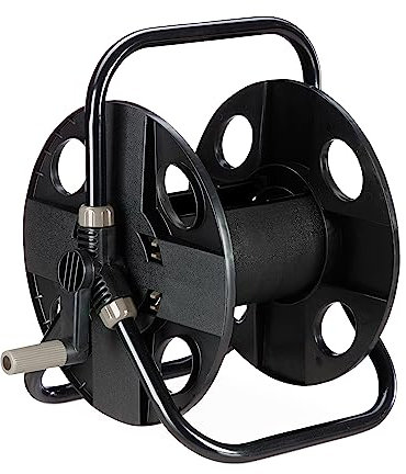 Relaxdays Dévidoir, pour Tuyau de 30 m 1/2, Acier, Plastique, Support, HxLxP : 38 x 42 x 31 cm, Noir - Gris