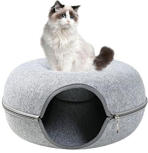 Accmuzzy Katzenhöhle aus Filz, Waschbarer Katzentunnel, Katzen Donut,Multifunktionales Katzenhöhle Tunnel, Gemütliches Katzenspielzeug, 50x50x20cm (Hellgrün)