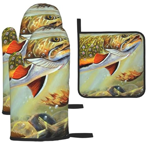 Brook Ofenhandschuhe zum Forellenfischen, Fliegenfischen, Küche, Backen, dreiteiliges Set mit Ofenhandschuhen zum Grillen, Kochen, Backen