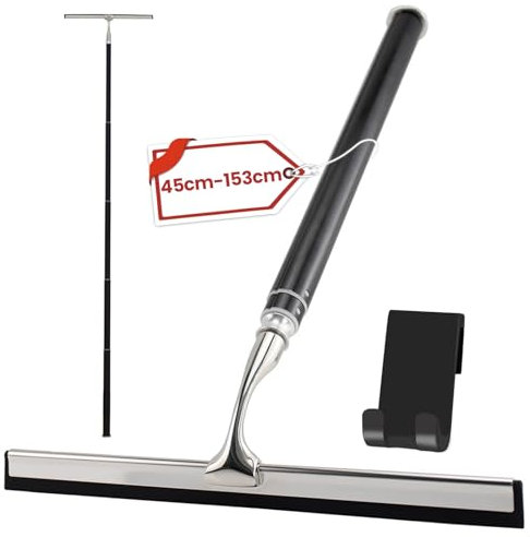 LORESJOY 60 Limpiacristales Largo con Palo Telescópico, Limpiacristales Extensible (153cm), Limpiar Ventanas Vidrio Altas para Interiores/Exteriores， Accesorios Baño