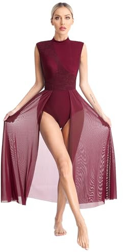 Xnihocha Lyrisches Tanz Kostüm für Damen Ärmellos Ballettkleid Tüll Maxikleid Modern Contemporary Gymnastikbody Bühnenanzug Tanzkleidung Burgundy M