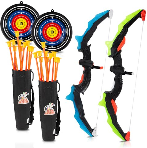 Bow and Arrow Set Kids, WDKXCN 2 Pack Archery Set Kids, LED Light Up Archery Bow, Archery Arrows with 20 Suction Cup Arrows, 2 Target and Quiver for Children Boys Girls (Blue and Green)
