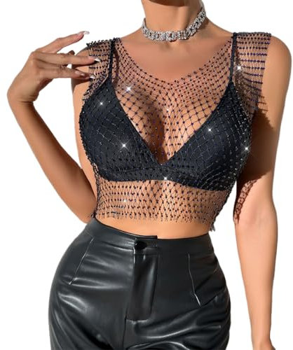 ORGYAML Festival oberteil damen glitzerStrass Glänzendes Mesh Körperkette Tops - Funkelnde Bikini Crop Top für Frauen, Schwarze Strasssteine Tops, für Nachtclub Party Festival