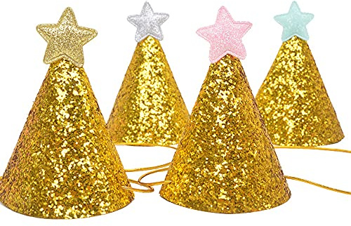 Cappelli per Feste Compleanno CappelliScintillante, cappello a cono, diadema regolabile, scintillante, cappello da compleanno principessa per bambine e bambini (oro, argento, rosa, blu) 4 pezzi