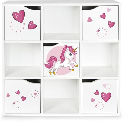 Leomark Moderner Schrank KUBiCO Max, Bücherregal, Kinderregal, Spielzeugregal, Kinderschrank – Weißes Bücherregal mit 9 Fächern, Aufbewahrungslösung, Höhe: 89,5 cm – Kinderzimmer (Einhorn Rosa)