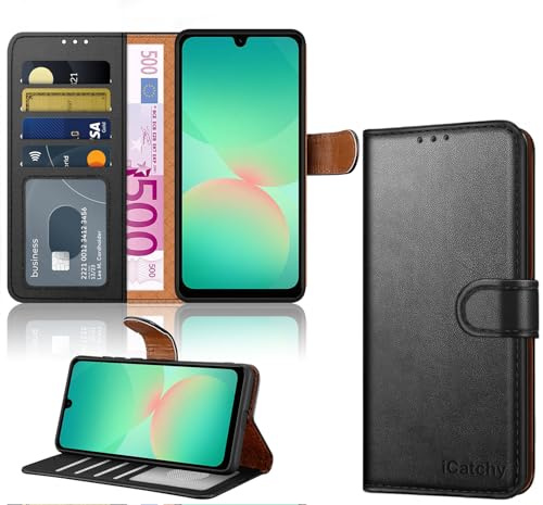 iCatchy for Samsung Galaxy A26 Case Leather Wallet Flip Book Cover with 4 Card Slots, Magnetic Closure, Kickstand Shockproof Protection Compatible with Samsung A26 (Black)
