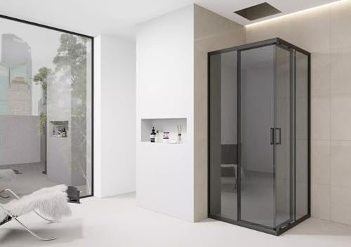 Corner Shower Enclosure Black/Dark Grey with Black Trim Walk in Cubicle Sliding Door Entry Shower Tray and Riser Kit Options (800mm x 800mm Shower Enclosure)
