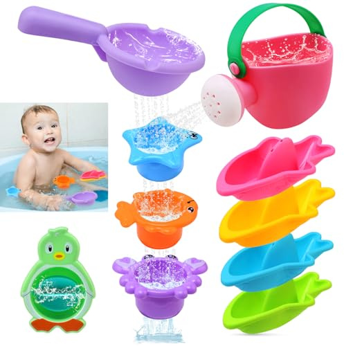 BelleStyle Jouet de Bain Bébé,10 Pièces Jeux de Bain pour Enfants 1 2 3 4 Ans, Arrosoir, Empilables Bateaux & Tasses Jouets Flottants pour Bain, Piscine, Plage, Douche pour Tout-Petits Garcon Fille