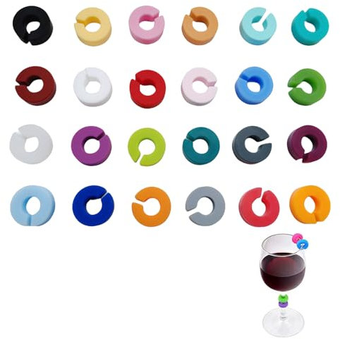 24 Stück Glasmarker,Glasmarkierer Silikon,Glas Markierung Trinkgläser,Gläser Markieren Party,Glasmarkierer Edel und Kinder,Namensschilder für Gläser,Glass Marker für Weinglas,Cocktailglas,Trinkglas