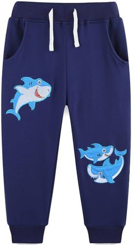 Langubaby Boys Trousers Cotton School Sweatpants Dinosaur Lion Space Shark Plain Jogging Kids Casual Sports Bottoms with Pockets Age 1-7 Years