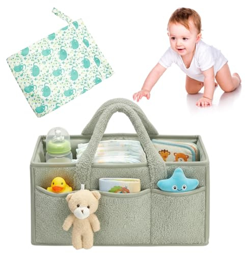 Zimoer Panier Rangement Bébé et Sac de Couche, Organisateur de Couches Portable avec Séparateurs Amovibles, Grande Capacité pour Table à Langer, Chambre, Voyage et Stockage à Maison (Vert)