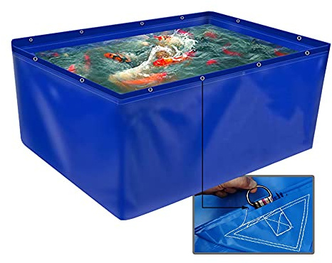 Fodera pieghevole per laghetto dei pesci, 4 x 4 m, con occhielli da 0,45 mm, in tela di PVC, per pesci d'acqua salata, koi e tartarughe, piscina temporanea, blu