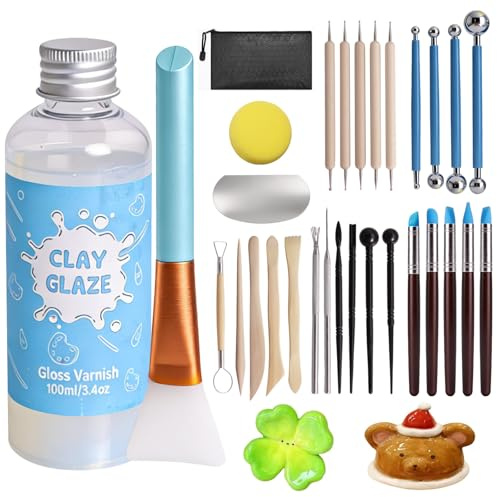 RICKMASK Glasyr för lera lufttorkning, 100 ml Air Dry Clay Glaze med 29 st. modelleringsverktygsset, Clay Varnish för hög glans, reptålig, potta modelleringsverktyg för skulptering, modellering