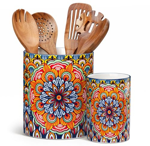 vancasso SIMI Utensil Holder, 7.3+5.5 Porcelain Kitchen Utensil Holder for Countertop, Bohemian Kitchen Utensil Organizer for Spatulas, Spoons, Ladles, Decorative Counter Utensil Crock, Regal Bloom