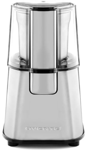 OVENTE Electric Coffee Grinder, 200W Powerful Coffee Bean & Spice Grinder with 2.1 Oz Removable Grinding Bowl, Stainless Steel Blade, Push Power Button, Transparent Lid & Anti-Skid Feet, Silver CG620S