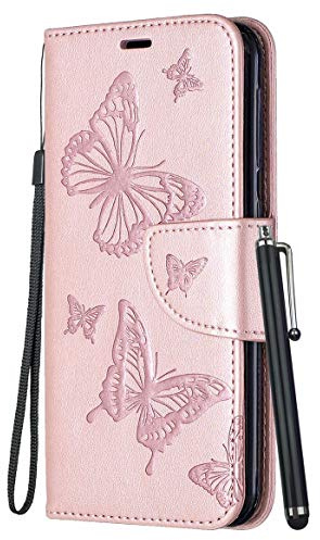Yiizy Fodral för Huawei P Smart 2019 Pot-LX1, fjäril 3D fjäril plånboksfodral magnetiskt silikonskydd TPU fodral POT-LX1AF med kortplats, stödfunktion (rosa guld)