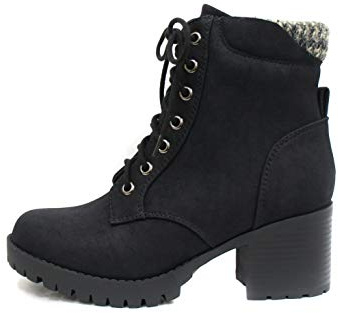 Soda Single Lug Sole Chunky Heel Combat Ankle Boot Lace up w/Side Zipper (Black (Nubuck), 10)