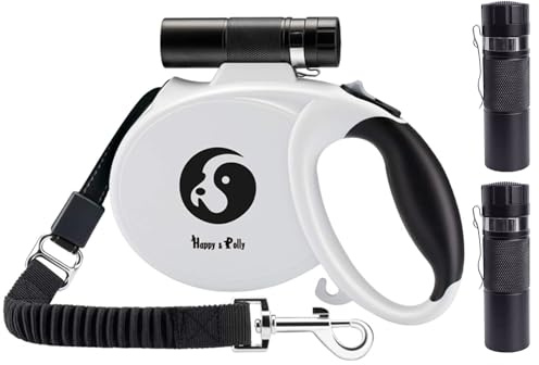 Happy & Polly Retractable Dog Leash - Heavy Duty 5M with Flashlight & Bungee - Magic Box Dispenser Poop Bags for Small/Medium Dogs (Black/White)