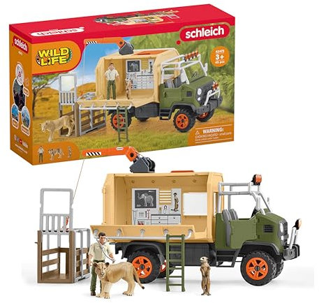 SCHLEICH WILD Life | Großer Truck Tierrettung 42475 | detailgetreues Spielset mit Truck, 2 Tierfiguren Löwe & Erdmännchen, beweglicher Ranger Figur und Zubehör | Spielfiguren ab 3 Jahren | 45 Teile