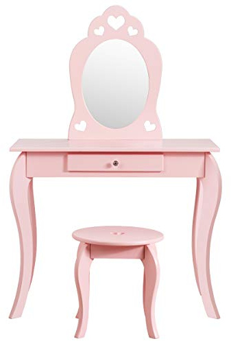 RELAX4LIFE Toeletta da Trucco con Sgabello per Bambini, Tavolo Ampio con Cassetto, Specchio Cosmetico Rimovibile, Sicurezza Anti Ribaltamento e Antiscivolo, Scrivania e Sgabello in Legno (Rosa)