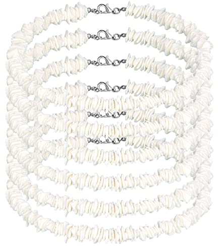 Funtery 6 Pcs White Puka Shell Necklace Hawaiian Seashell Necklaces Beach Necklaces Clam Chips Surfer Necklace with 6 Extended Chain for Men Women (18 Inch)