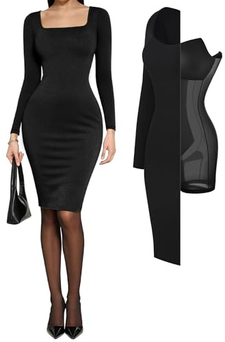 Popilush Cocktail Black Dress Long Sleeve Square Neck Midi Dress Shapewear Tummy Control Bodycon Dress Party Evening Built in Bra Large