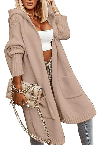 Tongmingyun - Cárdigan largo con capucha para mujer - Cárdigan de invierno de punto grueso - Estilo casual - Abrigo de punto amplio - Elegante - Chaqueta larga con abertura en el frente, albaricoque