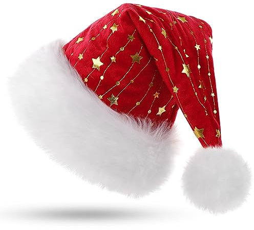 KONVINIT Plüsch Weihnachtsmütze Erwachsene Nikolausmütze mit goldener Stern und Doppelfütterung Rot Santa Claus Mütze für Herren und Damen,Nikolaus Kostüm Zubehör,rot