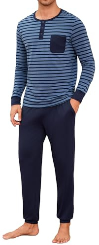 Leversic Mens Pyjamas Set Henley Cotton Winter Striped Pjs Long Sleeve | Button-Up Crew Neck Pajama Tops With Full Length Plain Sleep Pants Pyjama Bottoms Sleepwear Set For Lounging Sleeping