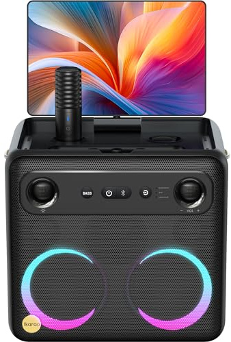 Ikarao Smart Karaoke Machine for Adults - with Lyrics Display, 32GB Karaoke Tablet, 2 Wireless Mics, Professional Karaoke System, 300W Peak Power, 4 DJ Lights, Karaoke Speaker for Any Occasion