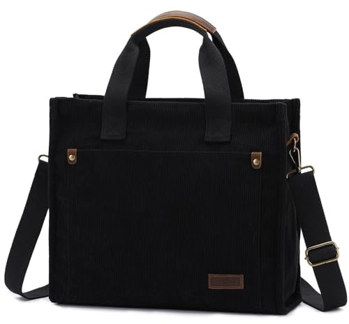 VASCHY Tote Bag, Bolso Mujer Bolso Bandolera Pana Bolso Shopper Casual Bolsos Universidad con Cremallera Bolso Trabajo Bolso de Hombro Bolso Portátil para Escuela Compras Viaje, Negro