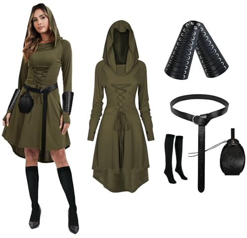PORJDN Abito da donna medievale con cappuccio, vestito gotico, da donna, per Halloween, con cappuccio, con cintura, in stile retrò, per monete d'oro, corsetto, calzini sopra il ginocchio (Verde, S)