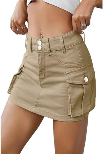 TJDKKYH Falda Tipo Cargo de Cintura Baja Ajustada, Minifalda Vaquera con Botones para Mujer