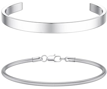 CASSIECA 2Pcs Pulsera Hombre Pulseras para Hombres Acero Inoxidable Apilable Pulseras Plata para Hombres Niños Brazalete Serpiente Pulseras 19CM Regalos para Papá Esposo Hijo