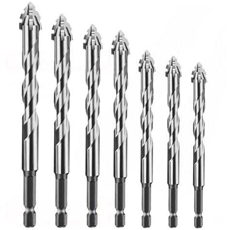 7-teiliger neuer vierschneidiger Sägezahn-Exzenterbohrer, vierschneidiger gezackter Exzenterbohrer, Multifunktions-Bohrerset mit hochharten Exzenterbohrern mit schrägem Kopf, 3/4/5/6/8/10/12 mm,Silver