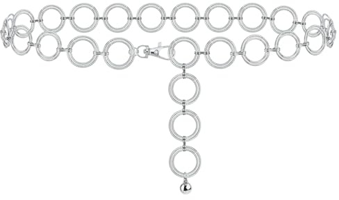 Cinturón de cadena de talla grande para mujer, cadena de metal para cintura y vientre, cadena extra larga, ajustable, máx. 51 pulgadas (anillo roscado, plateado)