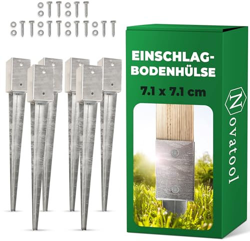 Novatool Lot de 6 douilles de sol à enfoncer 71 x 71 x 750 mm - Douille de sol - Support de poteau - Poteaux en bois - Douille à enfoncer - Piquet à enfoncer - Galvanisé - Avec vis