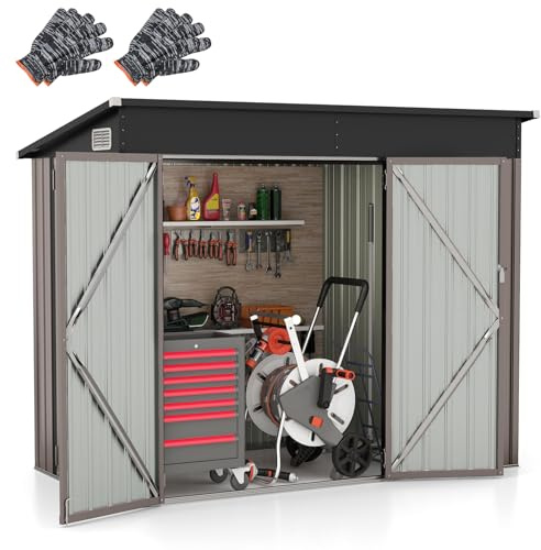 HOMASIS Casetta Attrezzi Giardino in Metallo, Capanno per Attrezzi con 2 Porte e 2 Finestre per Ventilazione, 235 x 117 x 185 cm, Ripostiglio da Esterno con 2 Paia di Guanti (Grigio Caldo)
